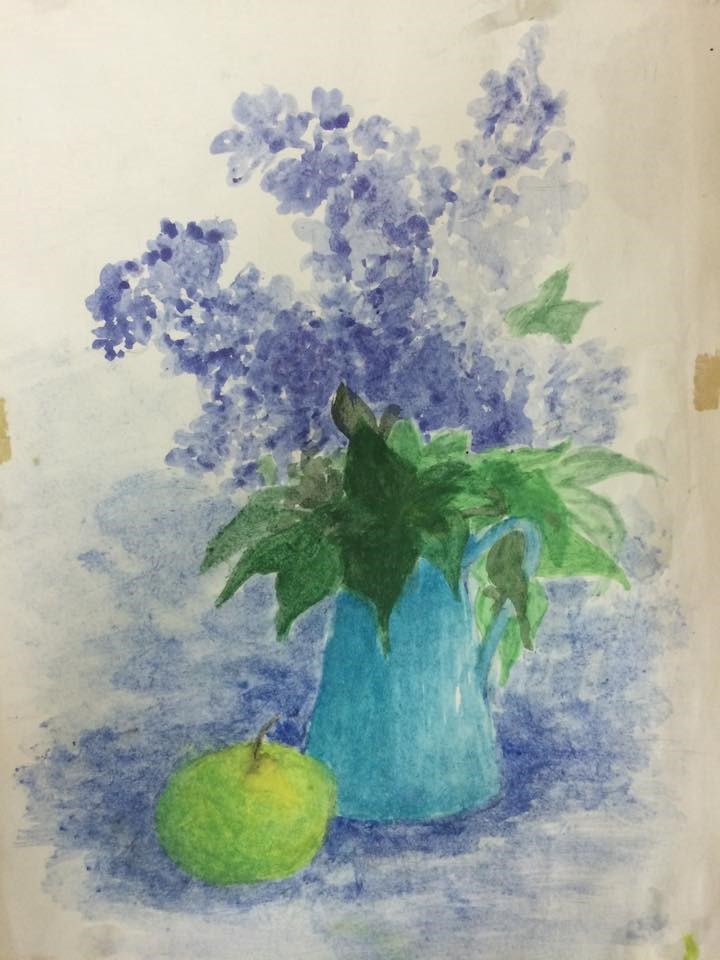 Tranh vẽ các hình khối lọ hoa và quả